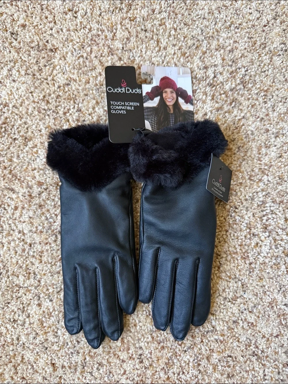 NWT Cuddl Duds Leather Gloves with Faux Fur Cuff